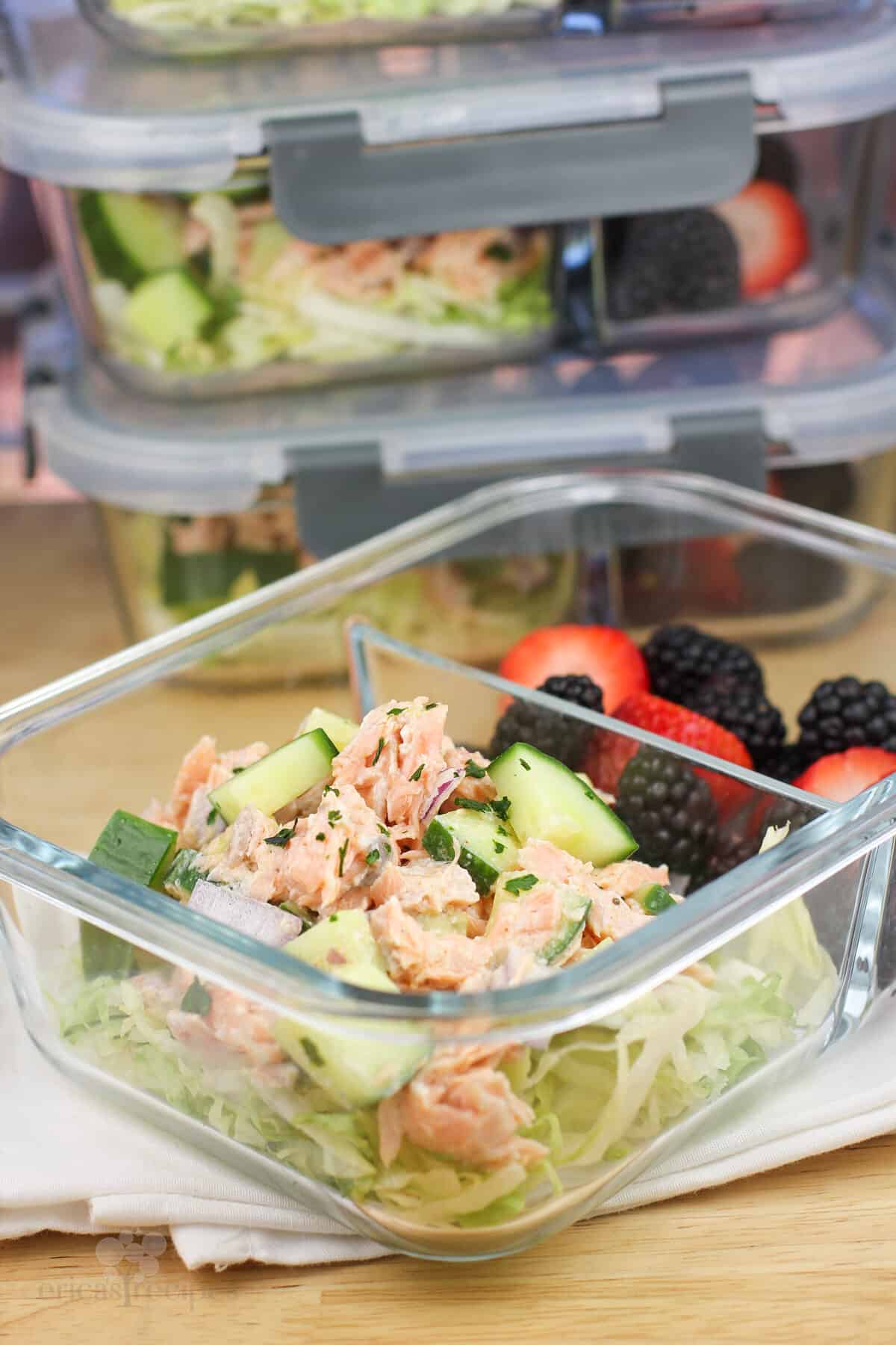 salmon salad in glass container