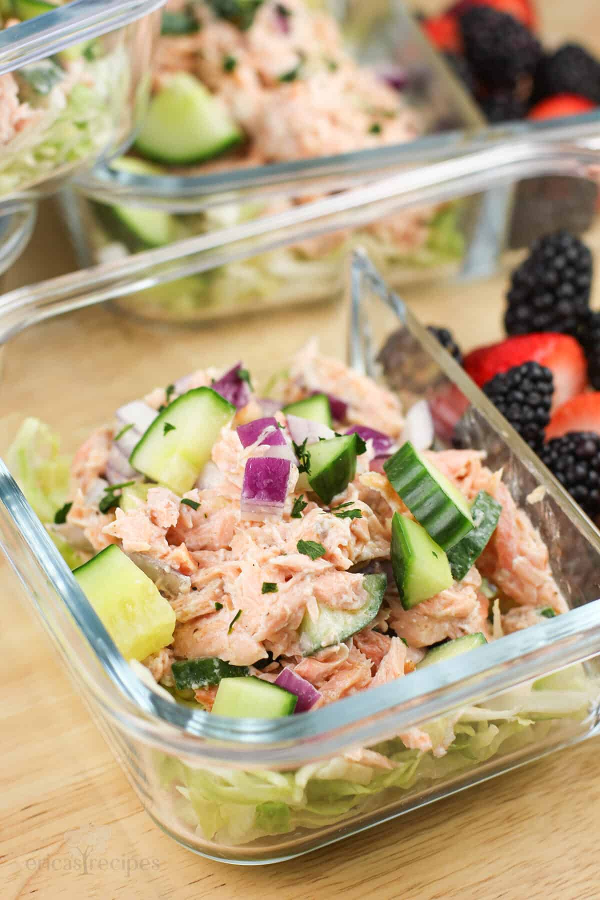 salmon salad in glass container