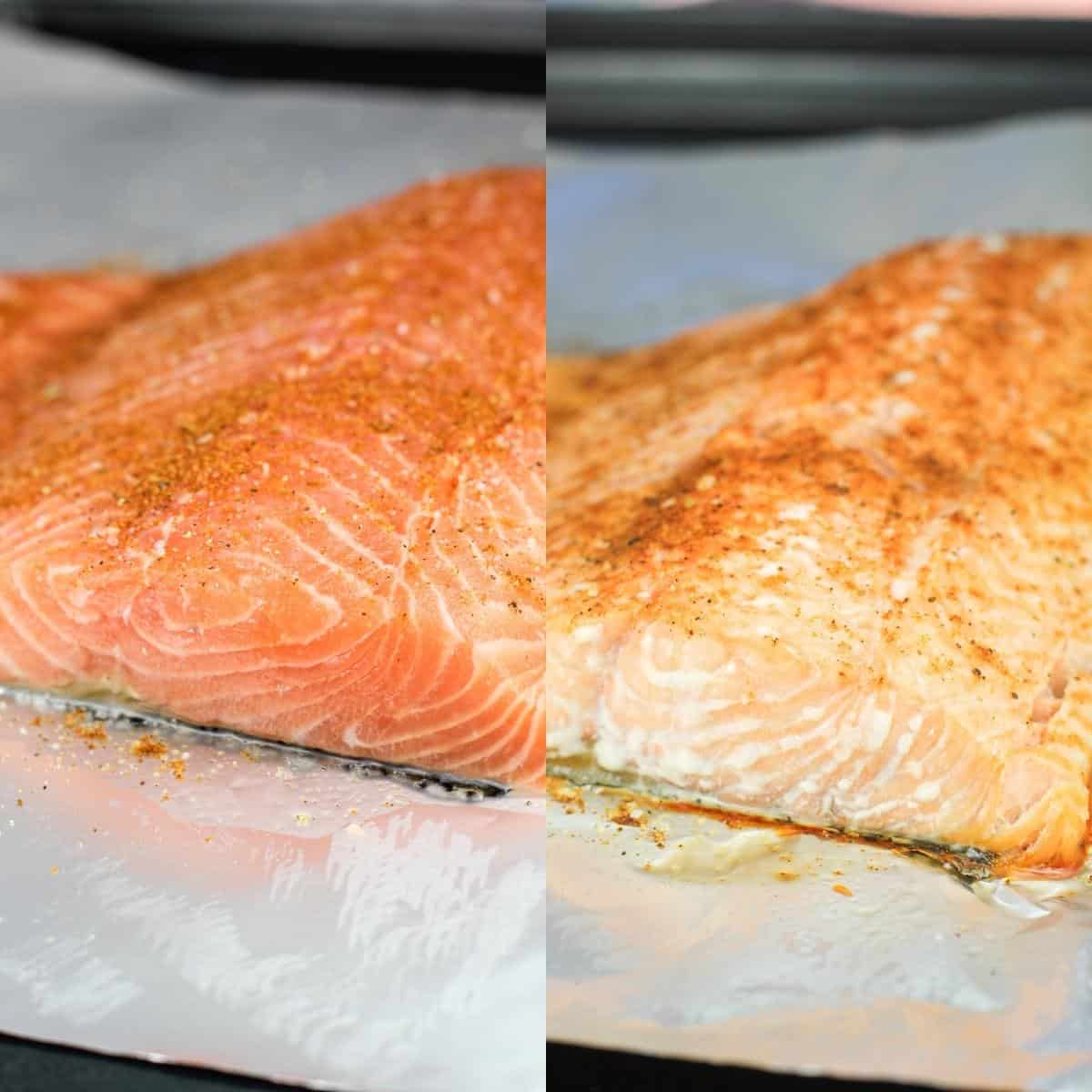 collage of 2 photos: left, raw salmon on foil; right, cooked salmon on foil