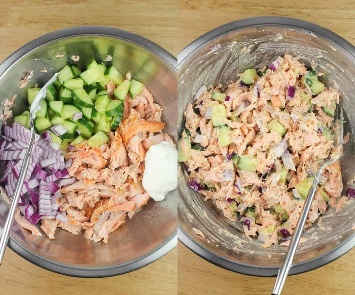 collage of 2 photos: left, ingredients in metal bowl; right, ingredients combined