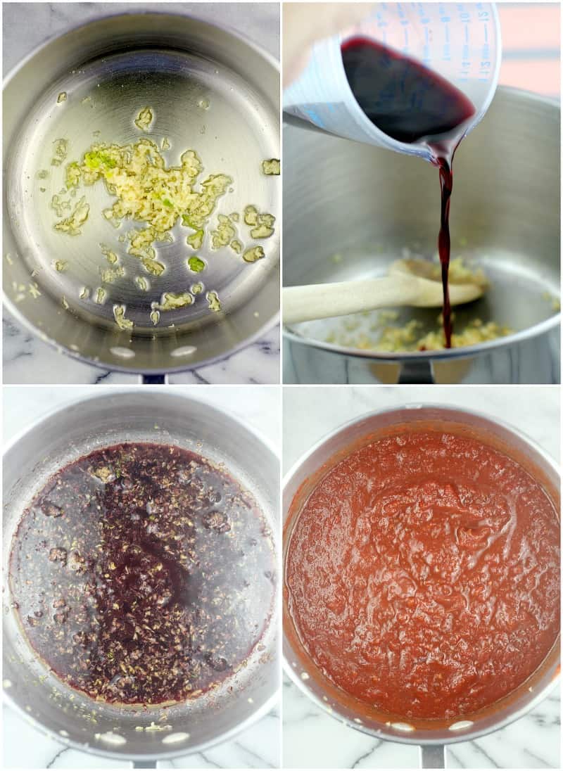 collage of 4 photos showing preparation: upper left, garlic in the pan; upper right, wine pouring into the pan; lower left, wine and garlic combined; lower right; assembled sauce ready to simmer