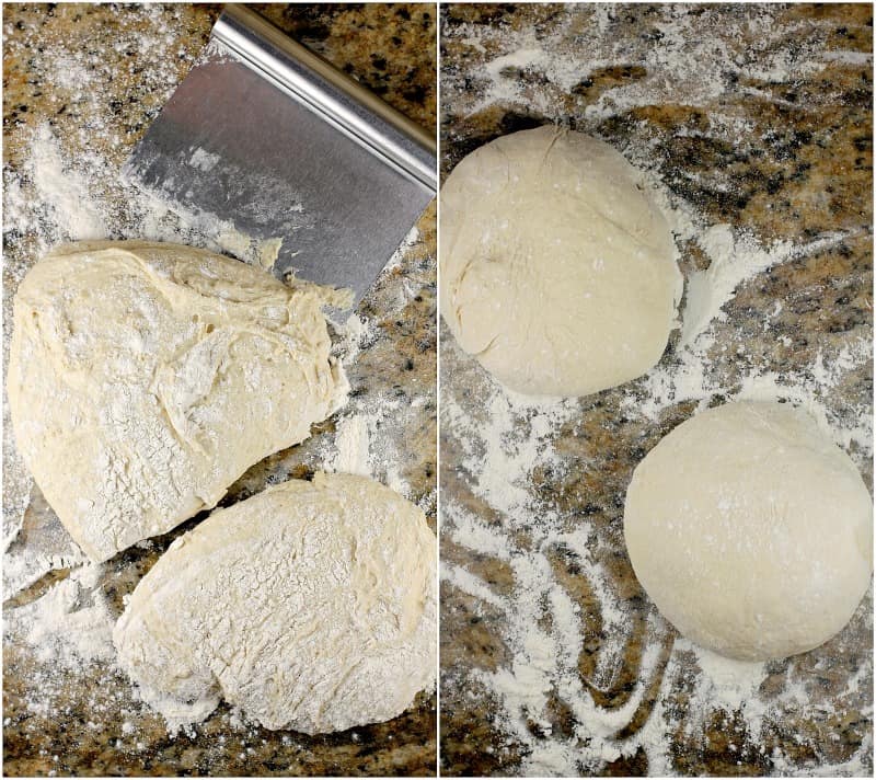 collage of 2 photos: left, divided dough; right, 2 balls of dough