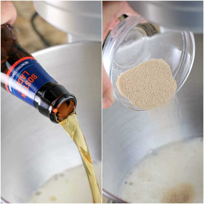 collage of 2 photos: left, beer pouring; right, yeast being poured into bowl