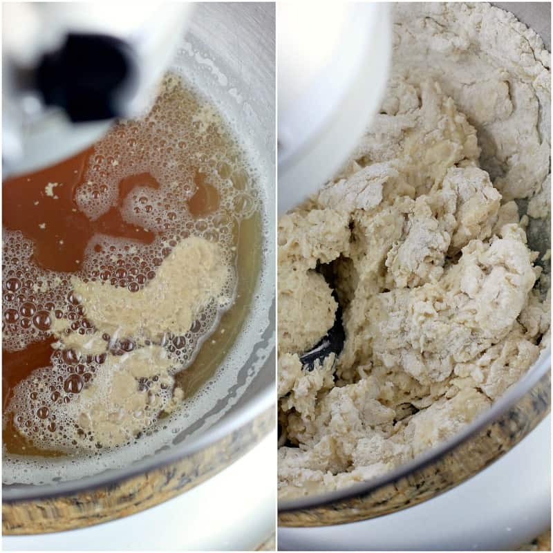 collage of 2 photos: left, yeast proofing in beer; right, dough mixing