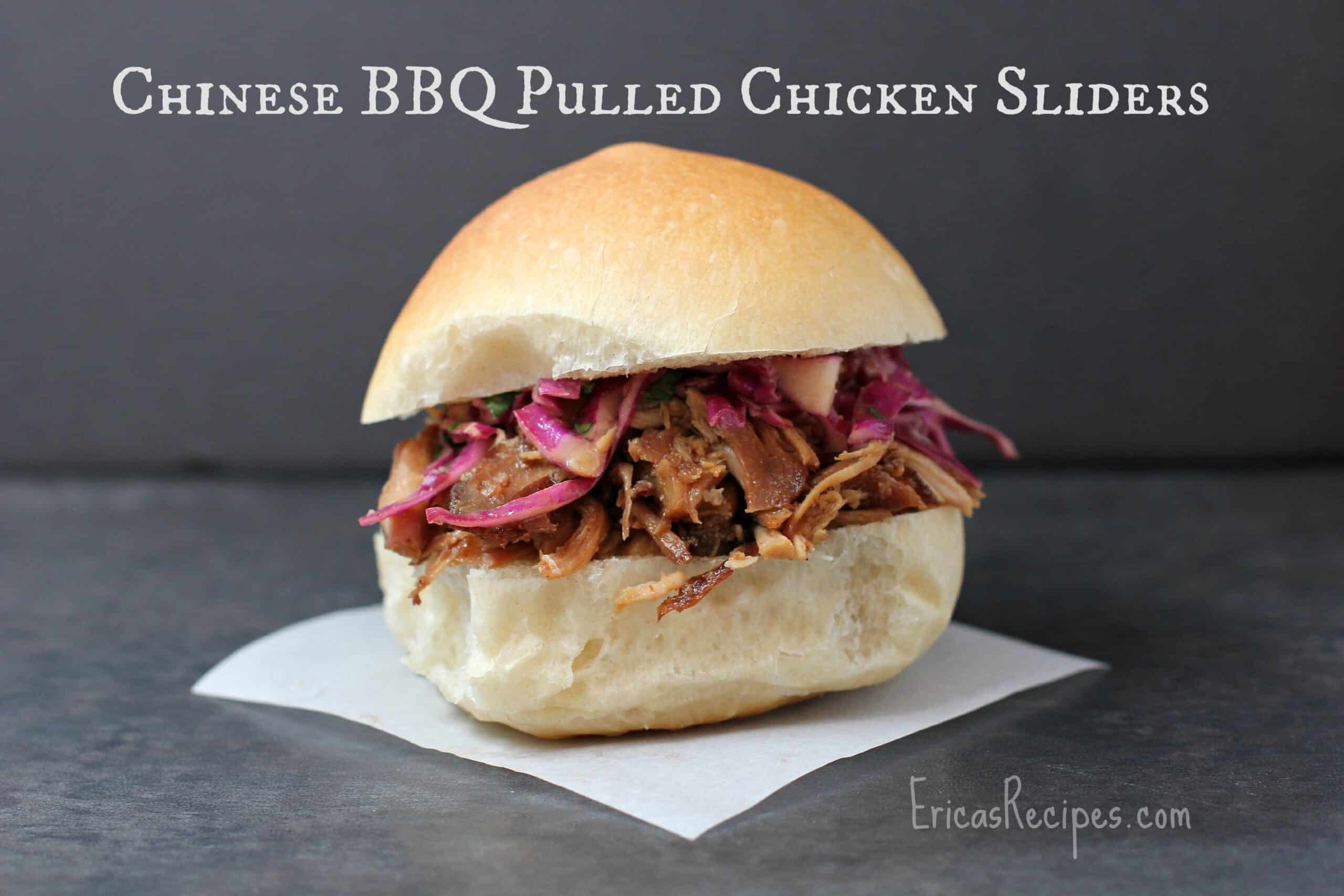 Chinese BBQ Pulled Chicken Sliders with Red Cabbage Slaw #recipe #slowcooker #chicken