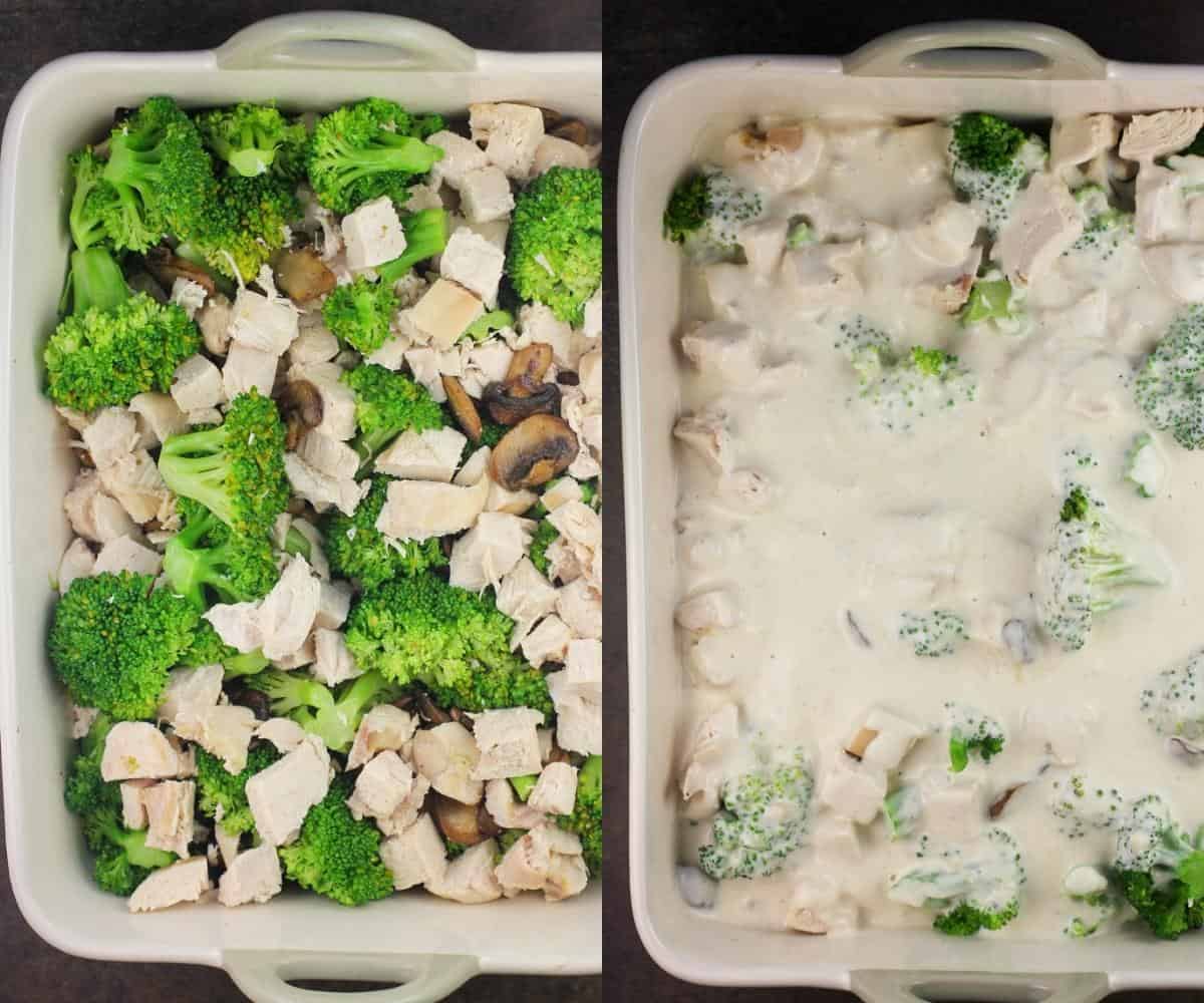 collage of 2 photos showing casserole ingredients (left) and topped with sauce (right)