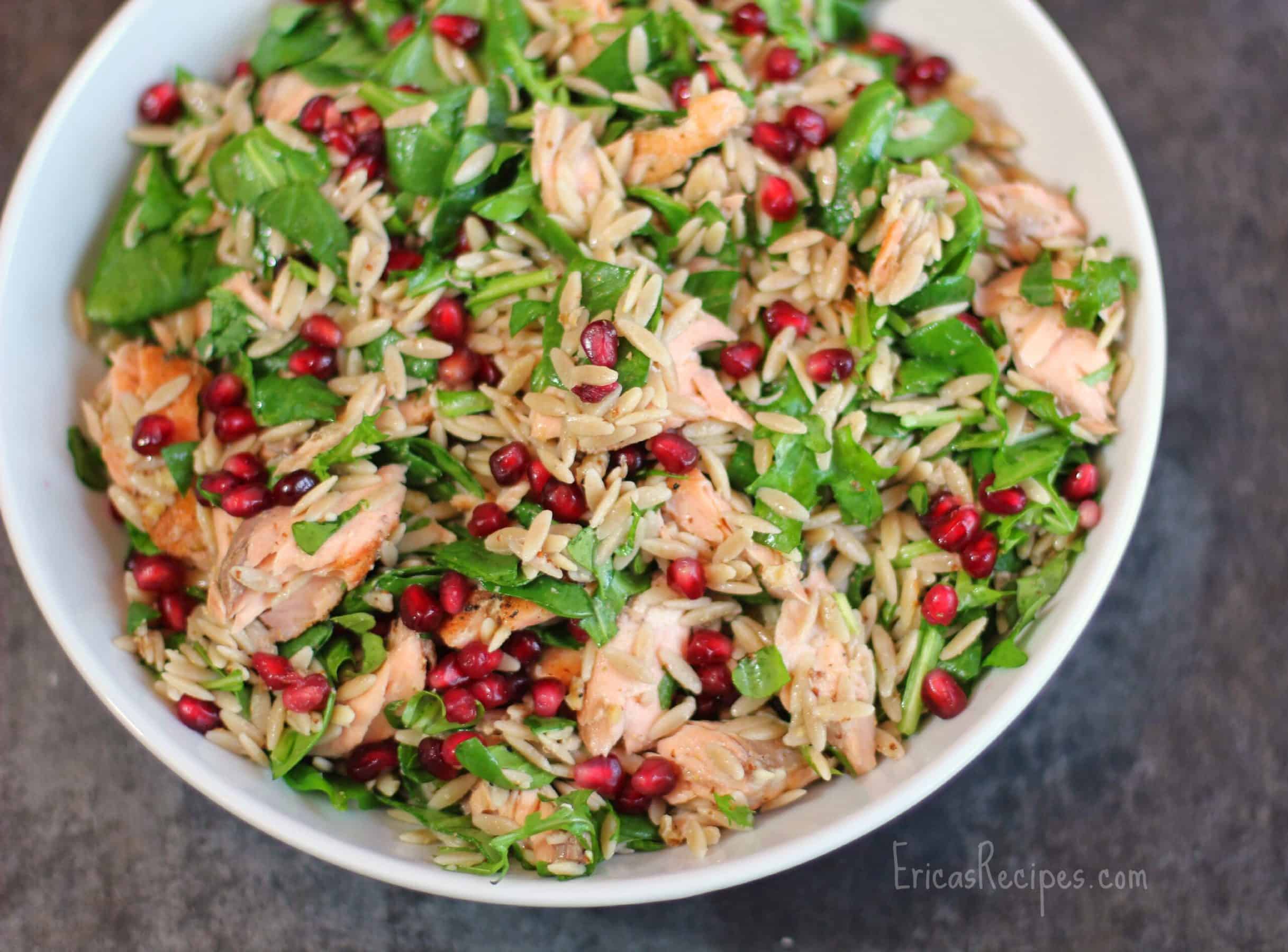 Orzo Power Salad with Salmon, Walnuts, and Greens