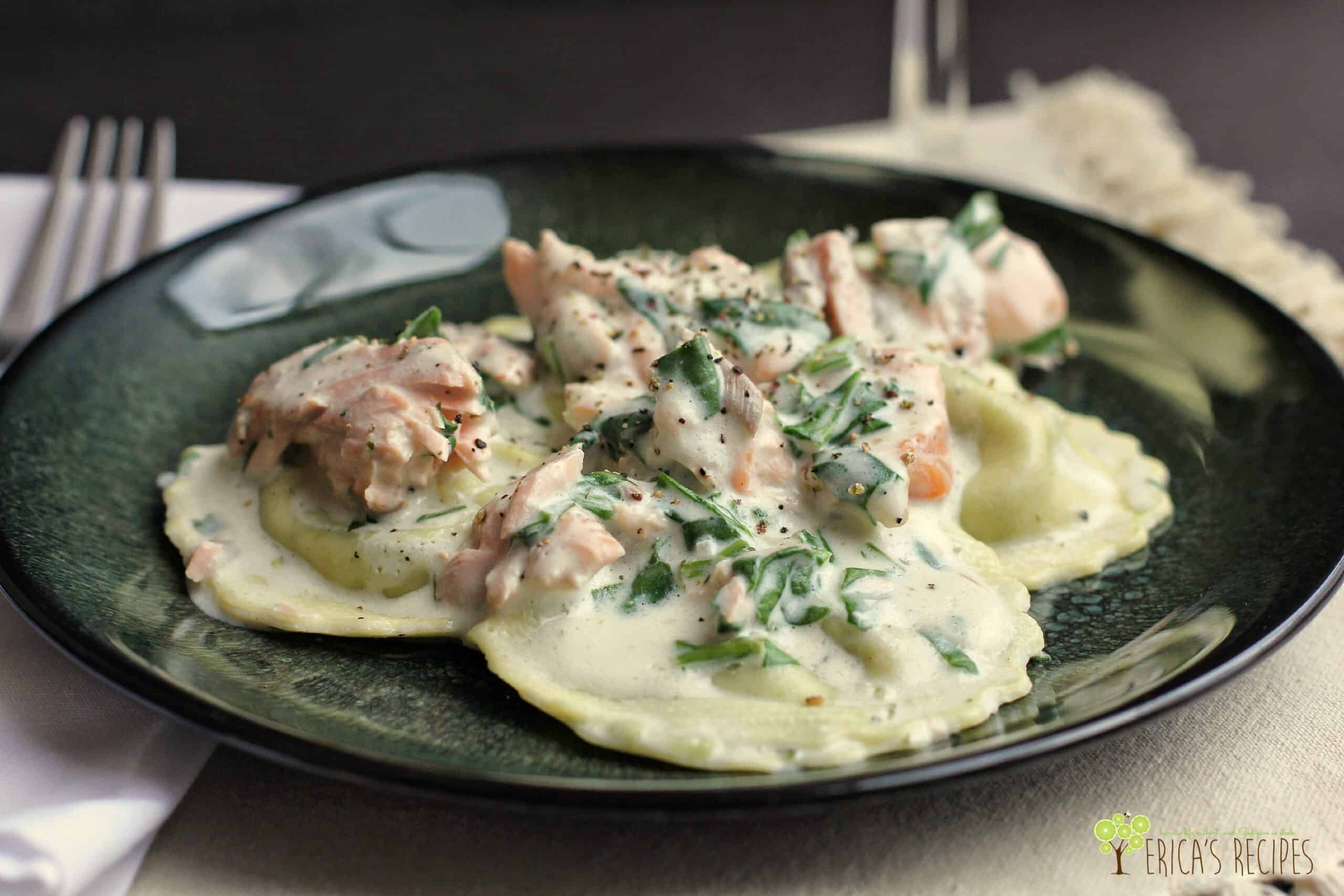 Weeknight Ravioli with Spinach, Salmon, and Boursin Cheese Sauce