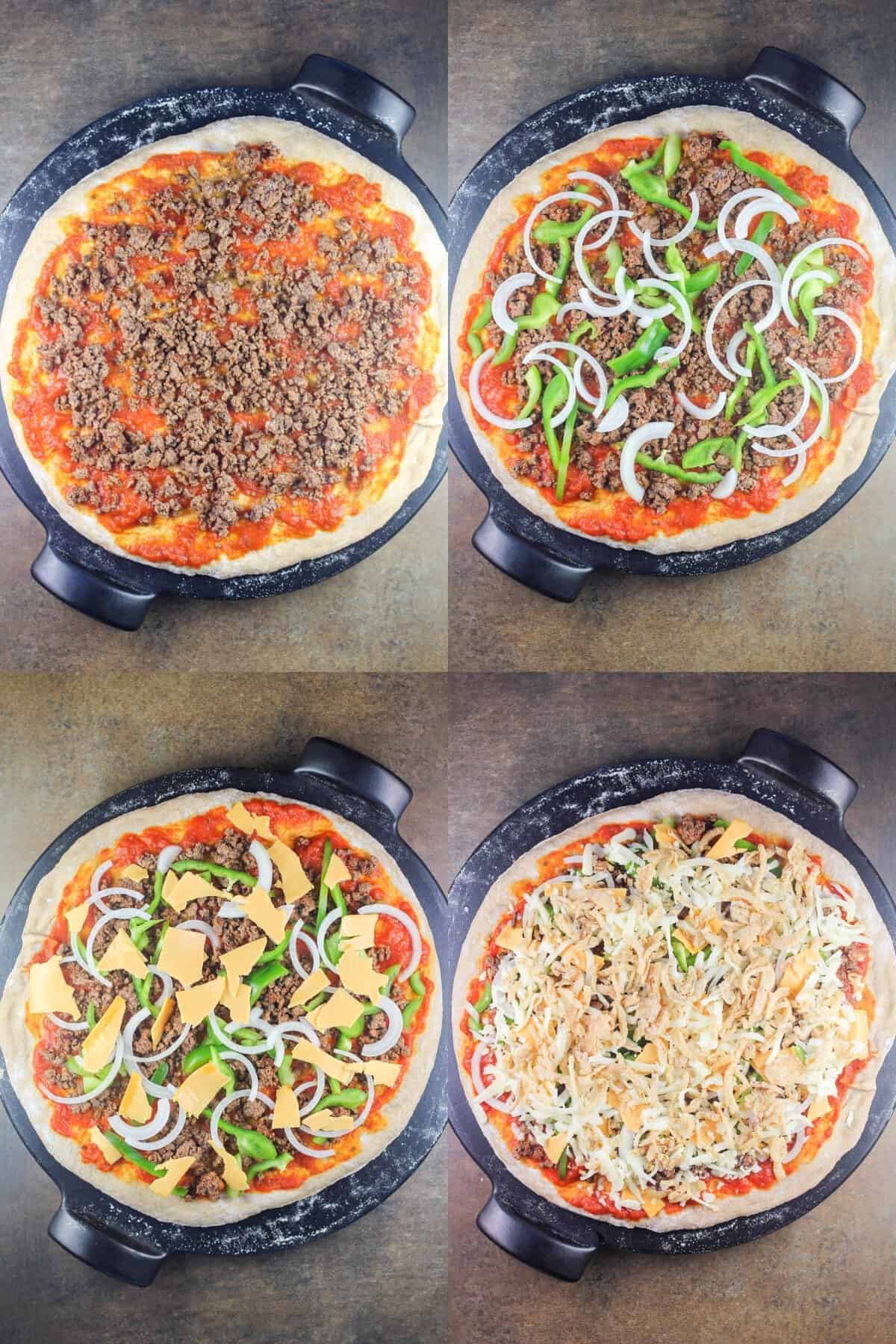 collage of 4 photos adding ingredients onto pizza dough: ground beef; peppers and onions; american cheese; mozzarella and fried onions