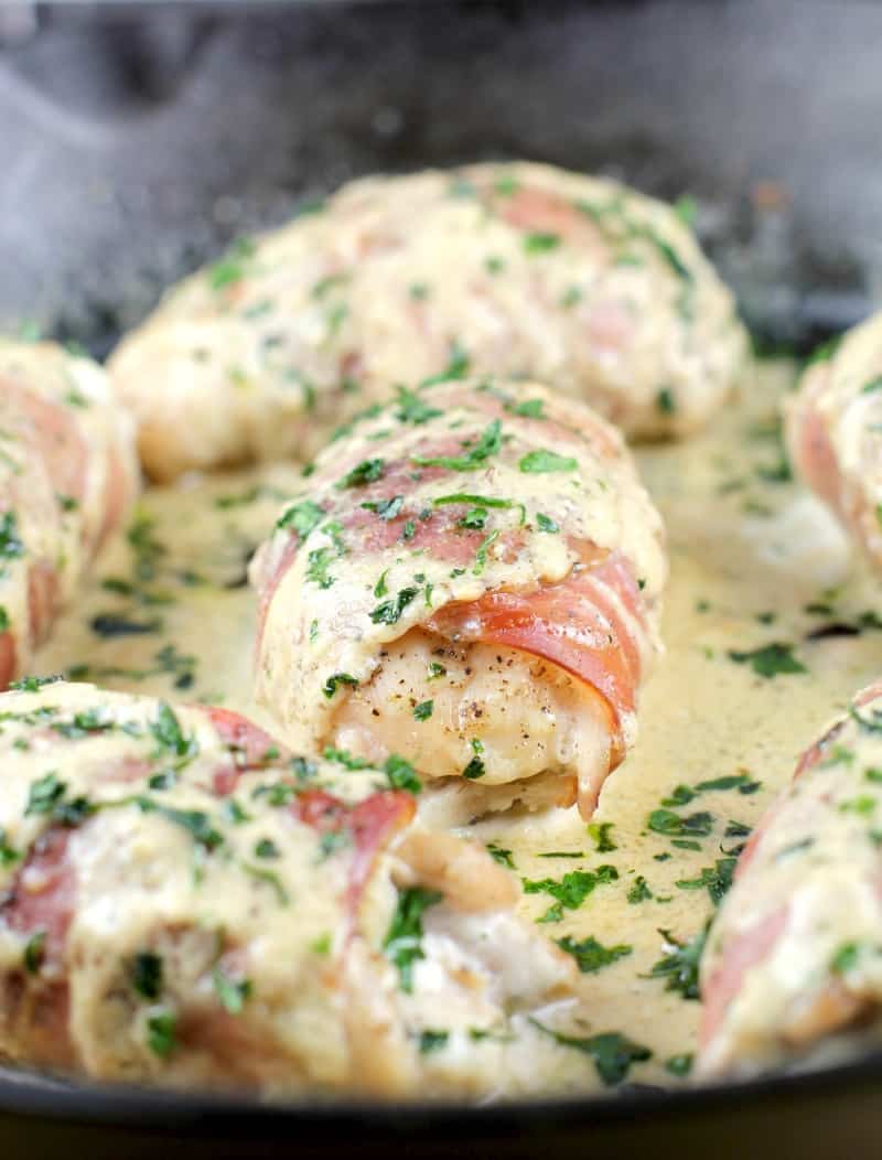 prosciutto-wrapped chicken in pan