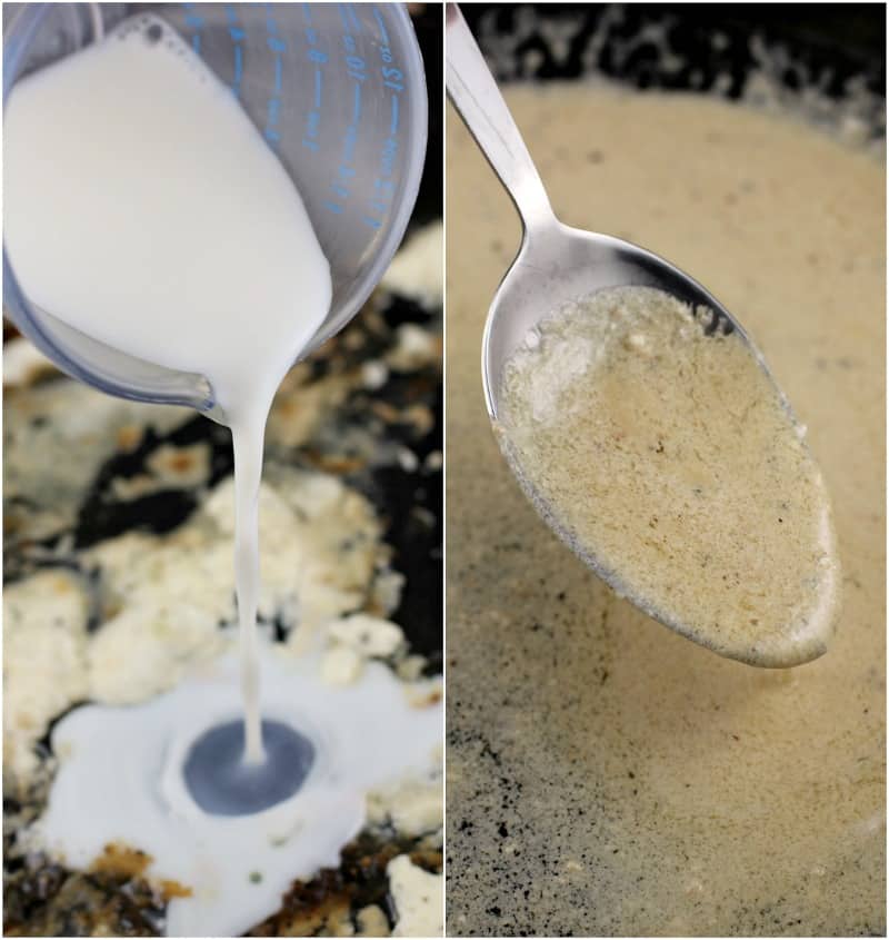 collage of 2 photos: left, milk pouring into a pan; right, spoon with cheese sauce