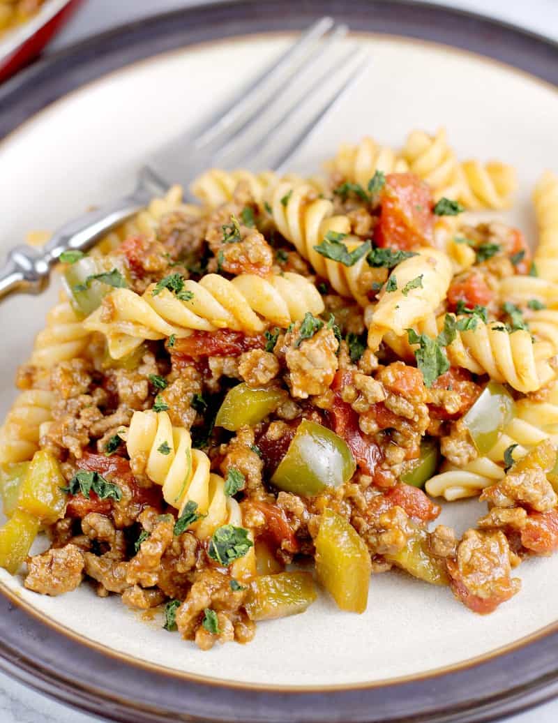 close in view of the sloppy joe dinner on a plate with a fork