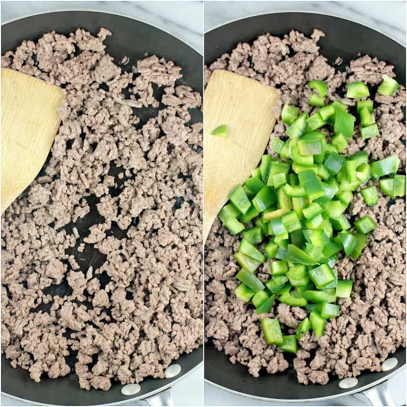 collage of 2 photos: browned ground beef in a skillet; ground beef with green bell pepper added