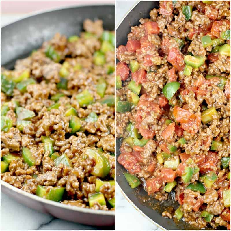 collage of 2 photos: left, ground beef, green bell pepper, and sloppy joe mix. right; mixture on the left with tomatoes added.