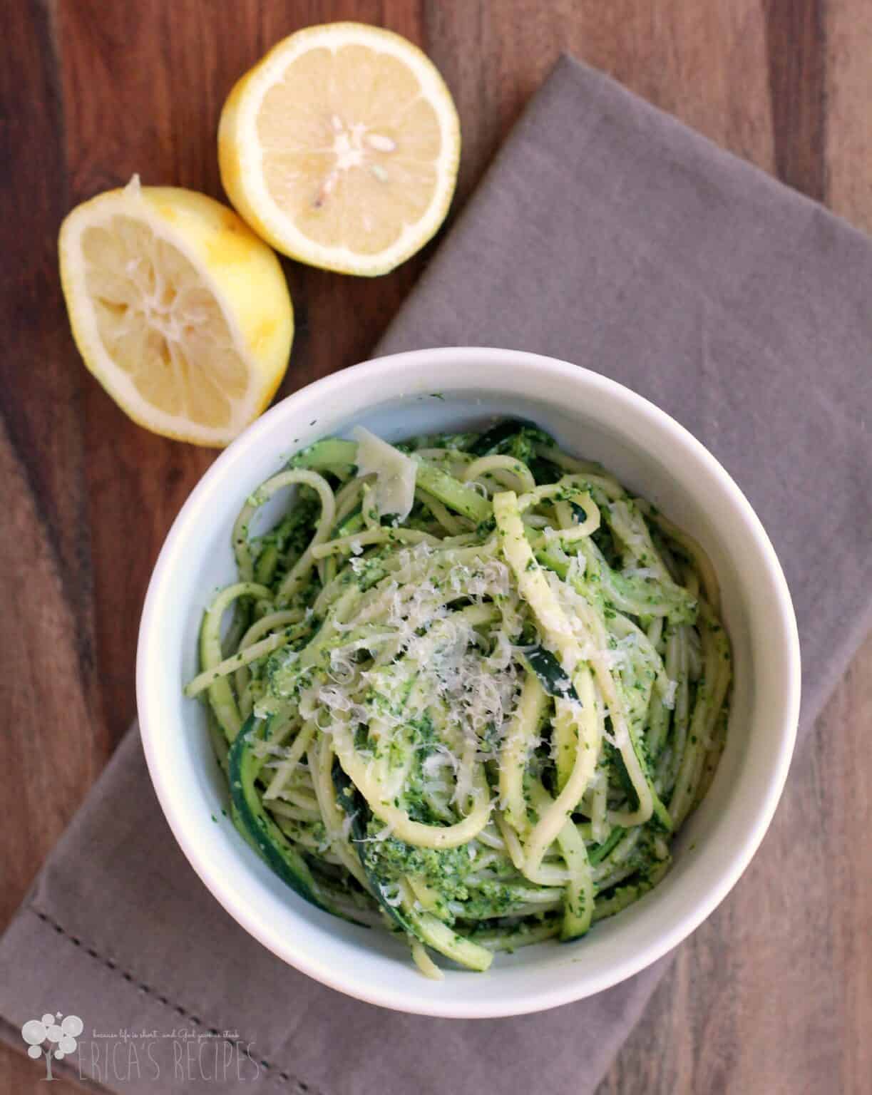 Zucchini Spaghetti with Lemony Kale Pesto Erica's Recipes