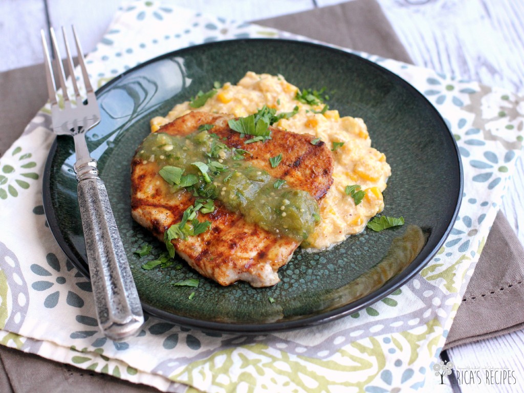 Coffee-Rubbed Pork Chops over Creamy Queso Corn