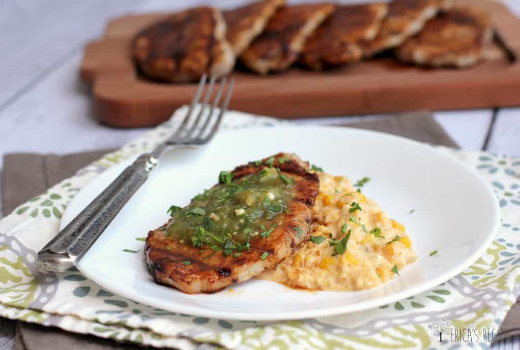 Coffee-Rubbed Pork Chops over Creamy Queso Corn