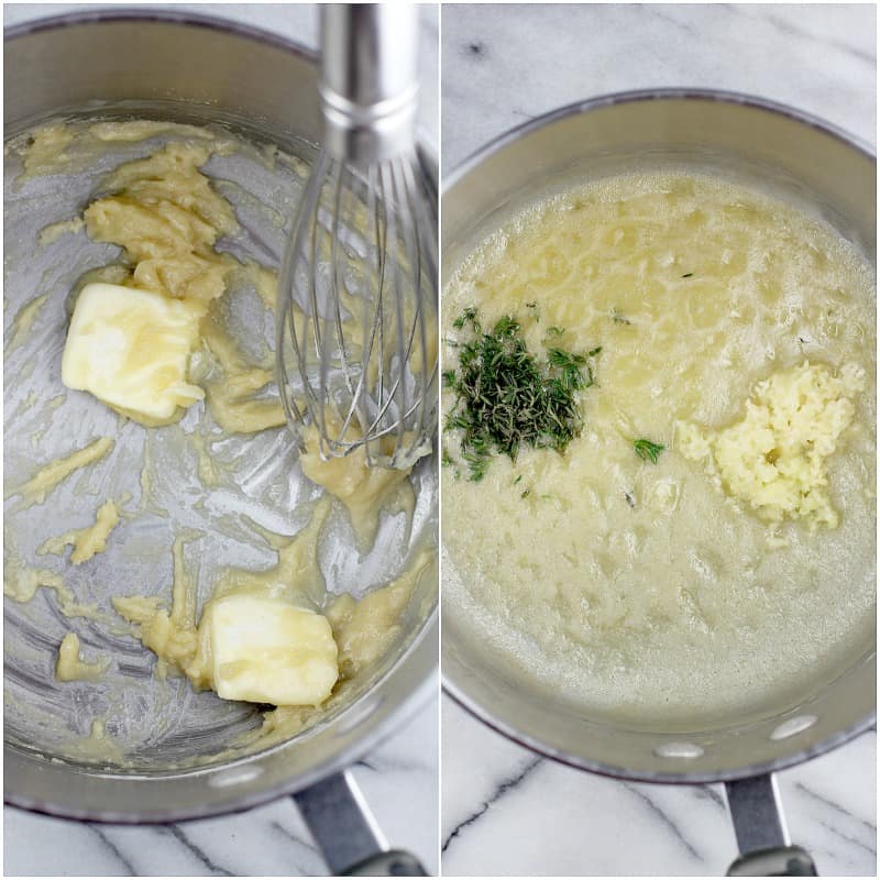collage of 2 photos; butter and flour to make the roux; then adding the thyme and garlic (top down view)