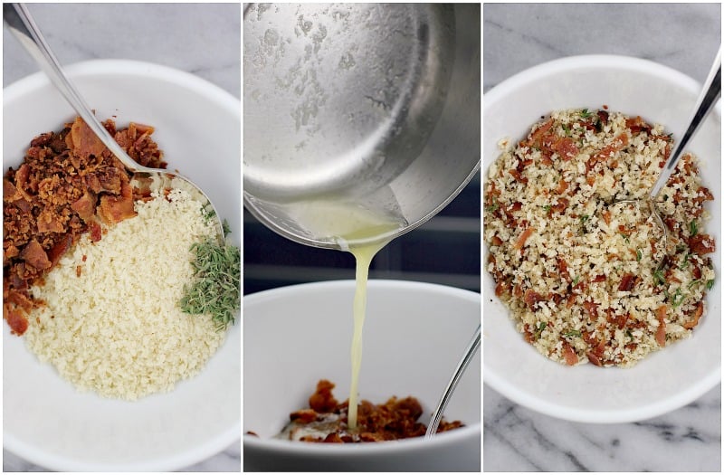 collage of three photos: bacon, panko, and thyme in a white bowl; side view of melted butter pouring into the bowl; combined ingredients with a spoon in a white bowl to show the finished topping