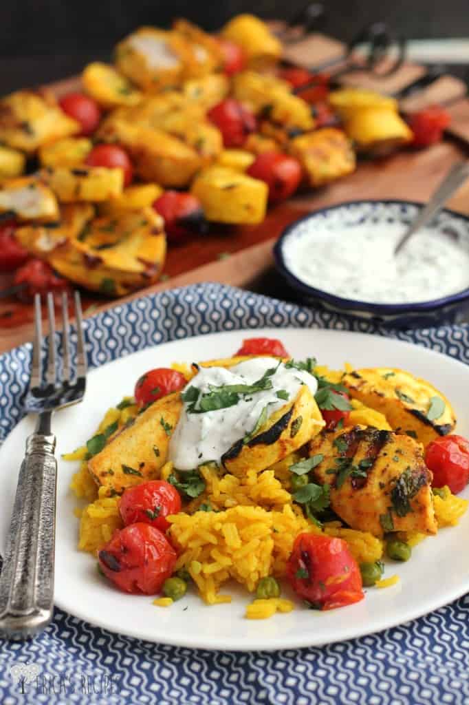 Persian spices and cool, herbed yogurt accent these delicious and healthy swordfish kabobs!