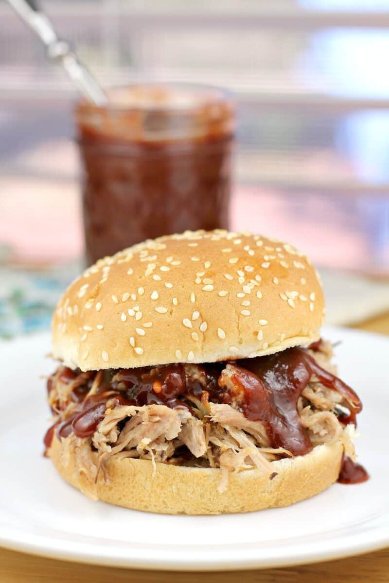 pulled pork sandwich on a white dish