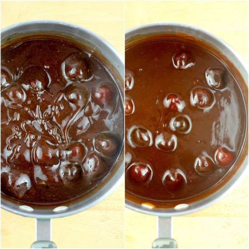 collage of 2 photos: left, uncooked sauce; right, cooked smooth sauce