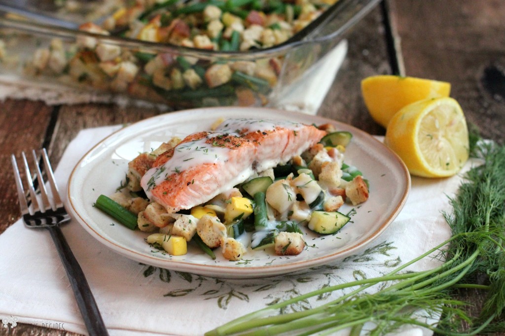 Lemon-Dill Salmon over Summer Vegetable Stuffing