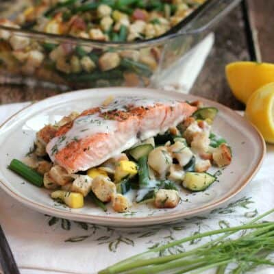 Lemon-Dill Salmon over Summer Vegetable Stuffing