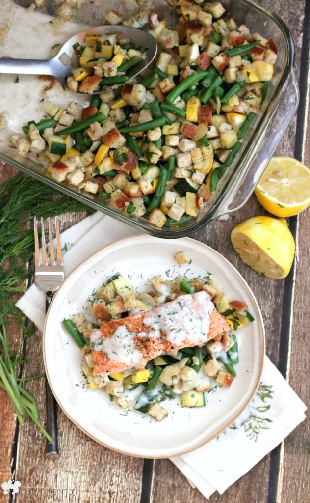 Lemon-Dill Salmon over Summer Vegetable Stuffing