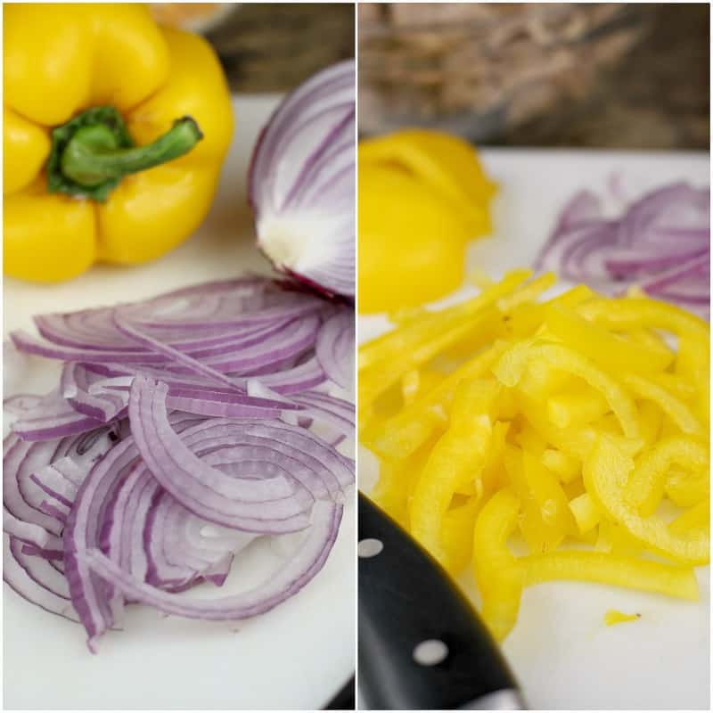 collage of 2 photos: left, sliced onion; right, yellow bell pepper