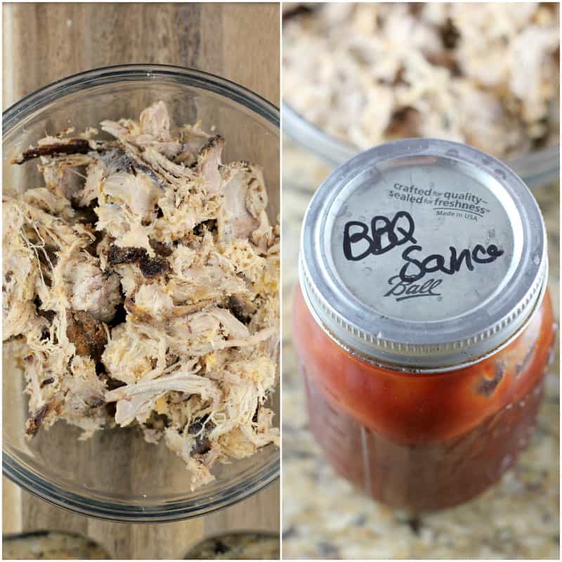 collage of 2 photos: left, pulled pork in a glass bowl; right, jar of bbq sauce