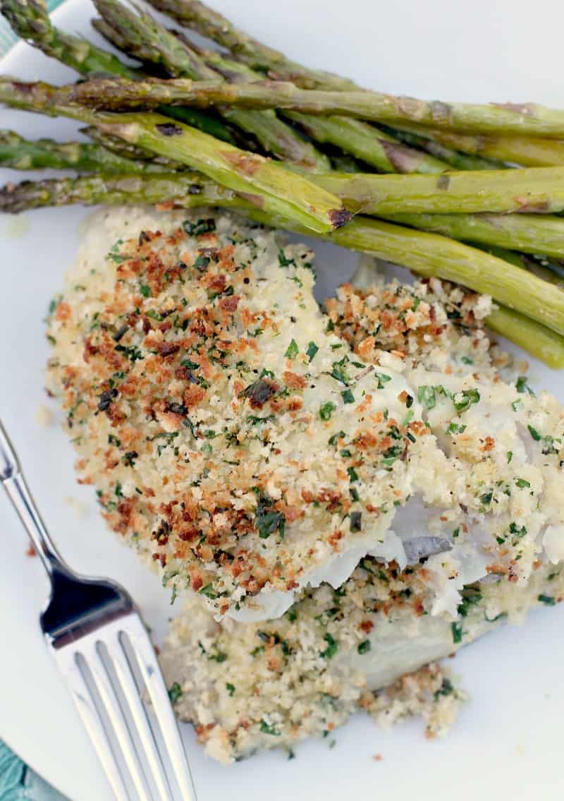 top down view of panko topping on baked haddock