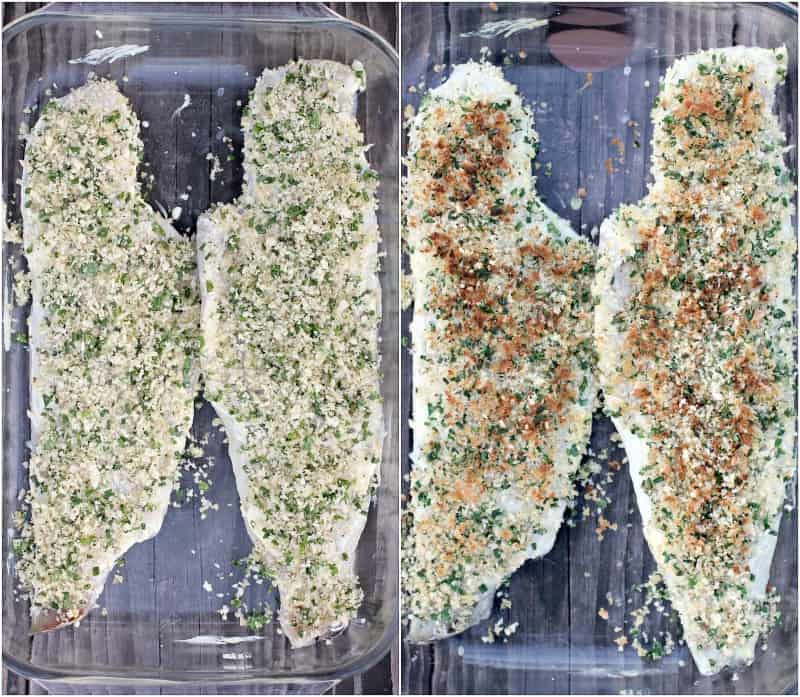 collage of 2 photos: left, assembled fish in bake dish; right, cooked fish in bake dish