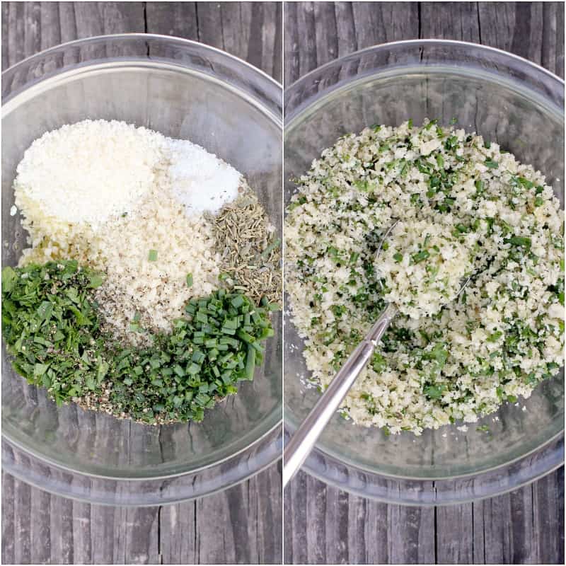 collage of 2 photos: left, ingredients for parmesan panko topping in clear glass bowl; right, ingredients combined with spoon