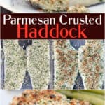 image for pinterest sharing of plated recipe with text overlay recipe title parmesan crusted haddock