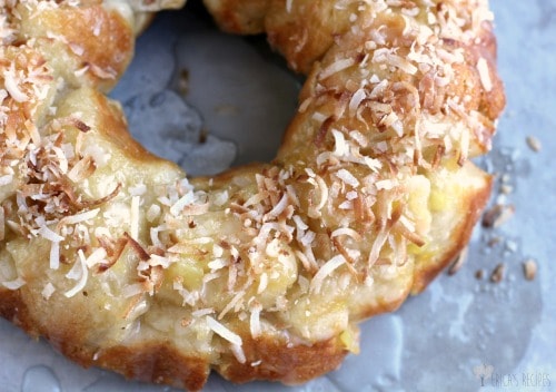 close in view of the finished Pina Colada Monkey Bread on a bake sheet