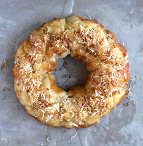 Pina Colada Monkey Bread, top down view on a rustic bake sheet