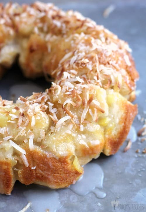 side view of the Pina Colada Monkey Bread, topped with toasted coconut