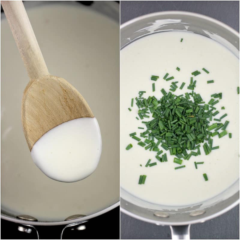 collage of 2 photos: left, spoon with sauce; right, chives added to sauce