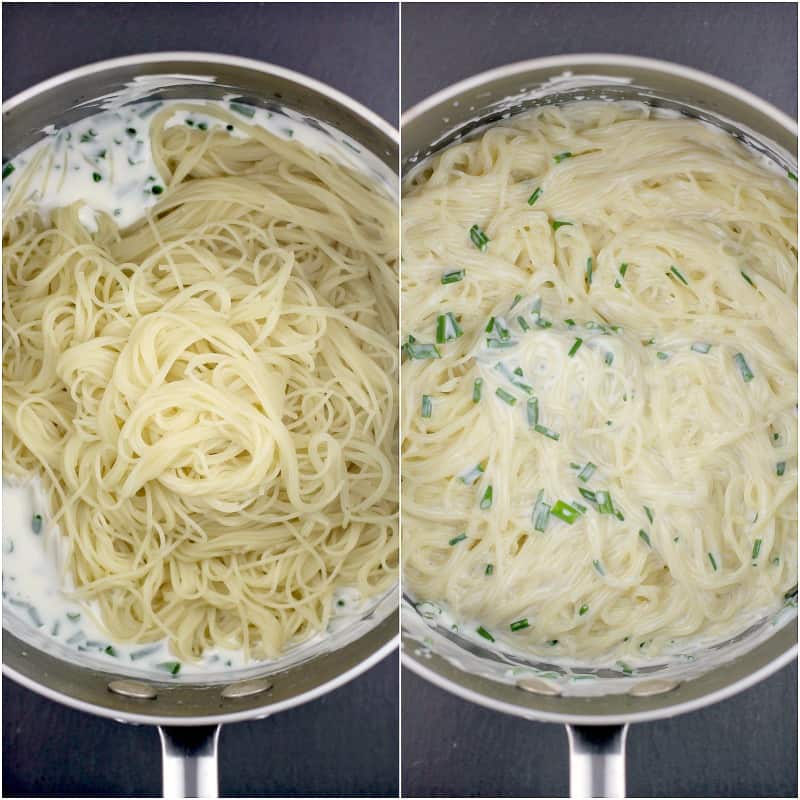 collage of 2 photos showing pasta being added to sour cream sauce in saucepan