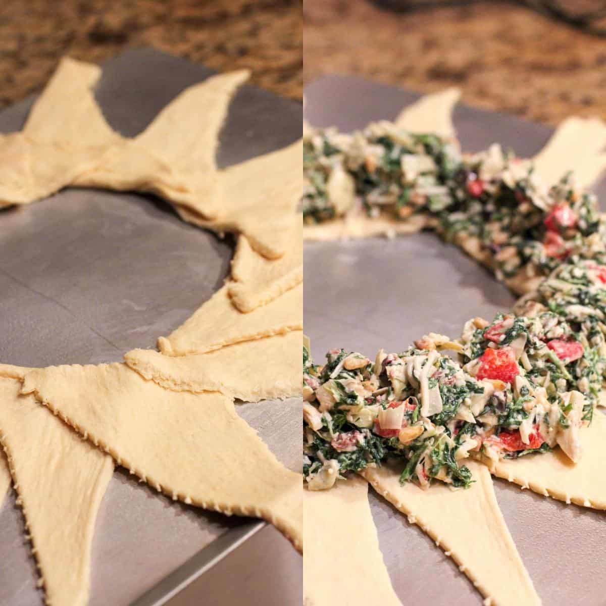 collage of 2 photos: left, dough triangles arranged on bake sheet; right, dough triangles topped with filling mixture