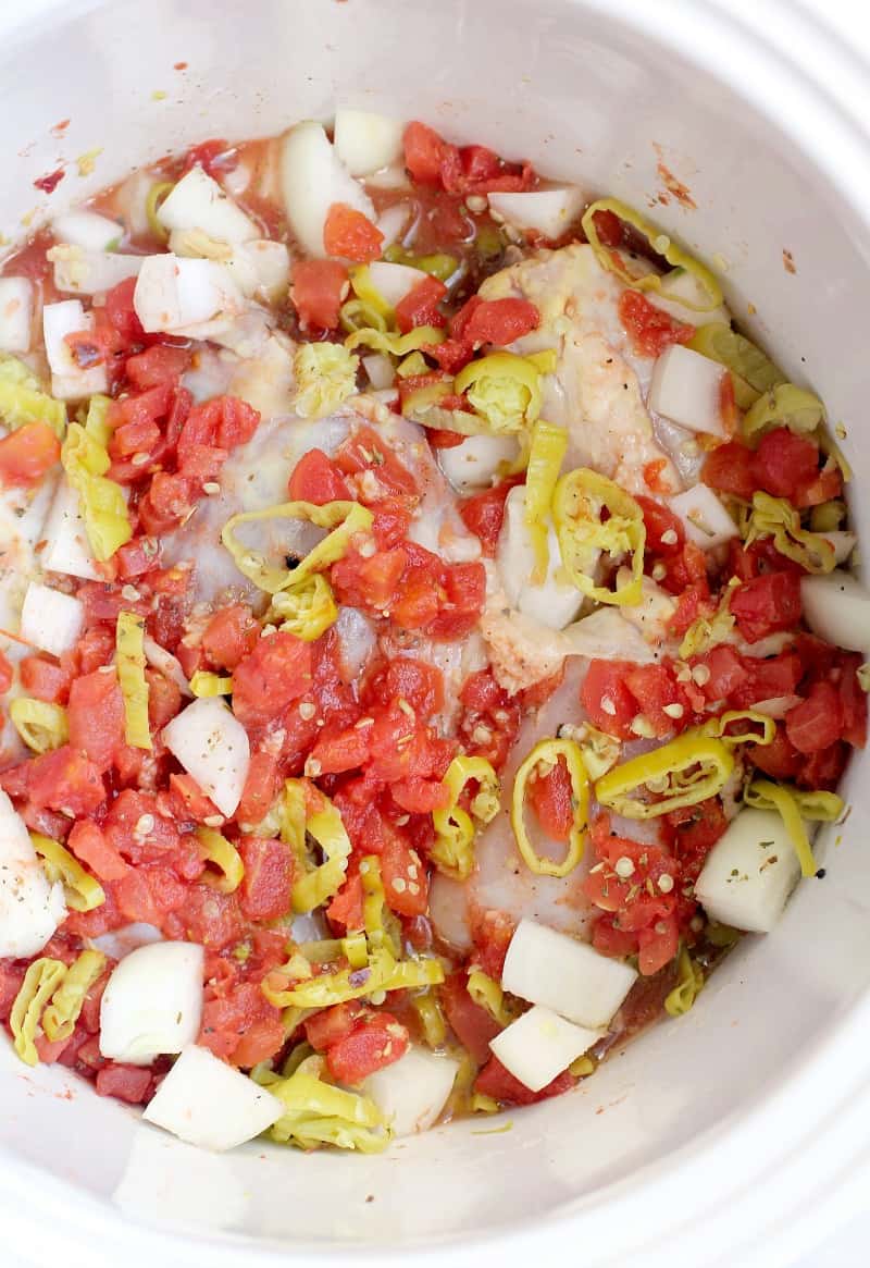 Top view down into the slow cooker showing the ingredients for pulled chicken recipe.