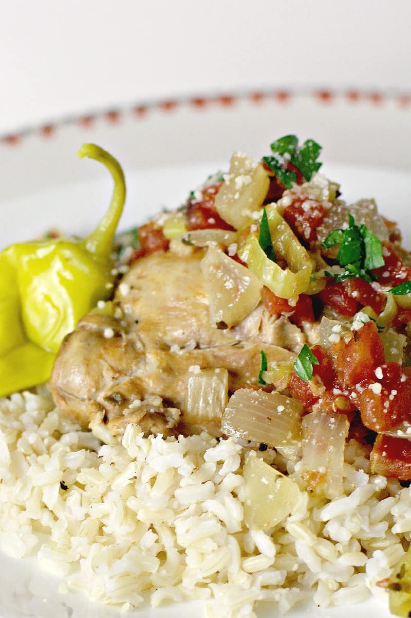 close in, side view showing cooked Italian pulled chicken served over rice.