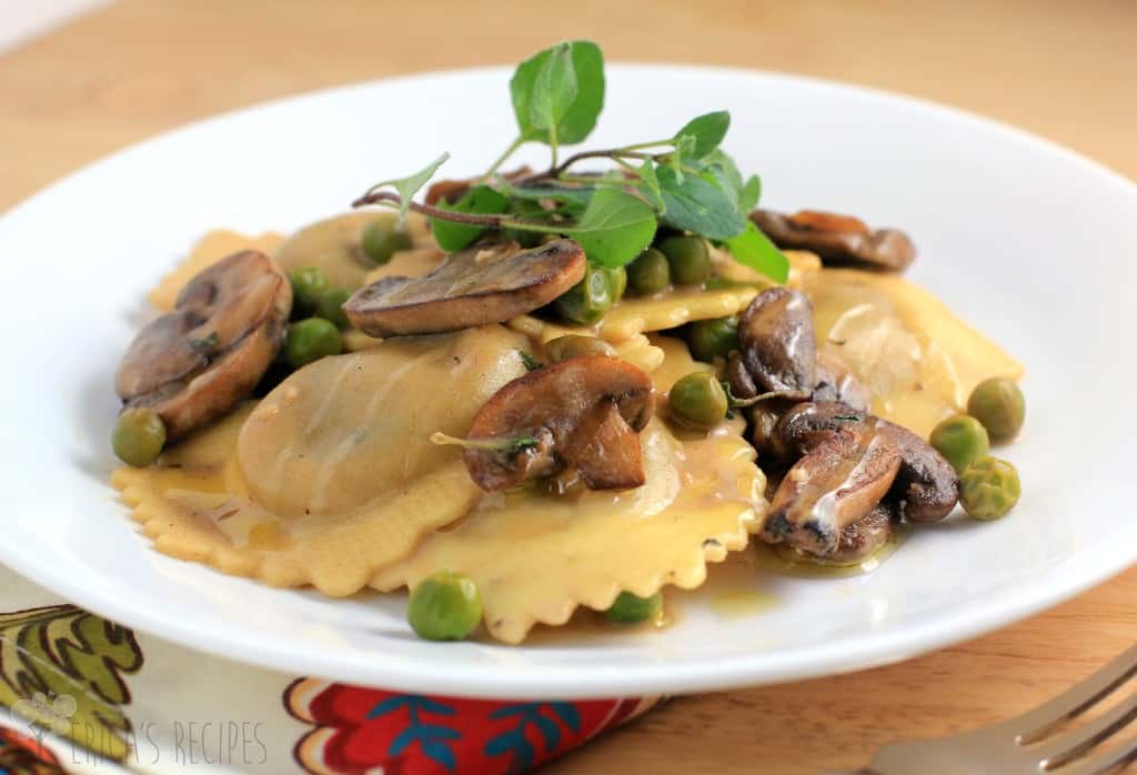 Simple Ravioli Marsala with Mushrooms and Peas