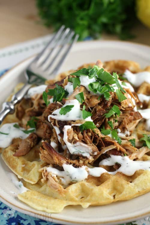 Honey Sriracha Pulled Chicken and Waffles with Buttermilk Ranch Dressing