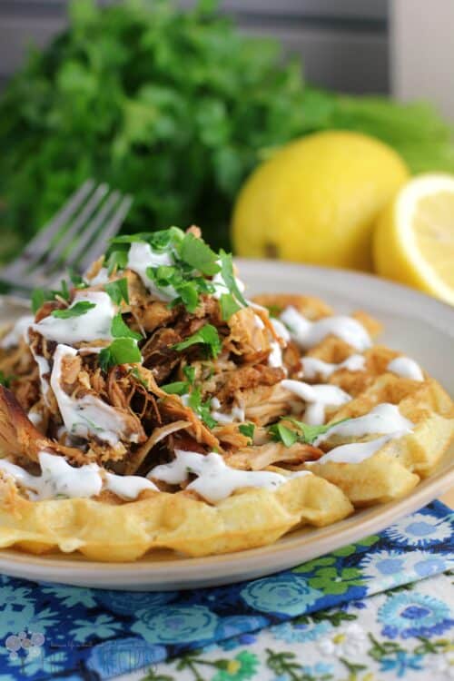 Honey Sriracha Pulled Chicken and Waffles with Buttermilk Ranch Dressing