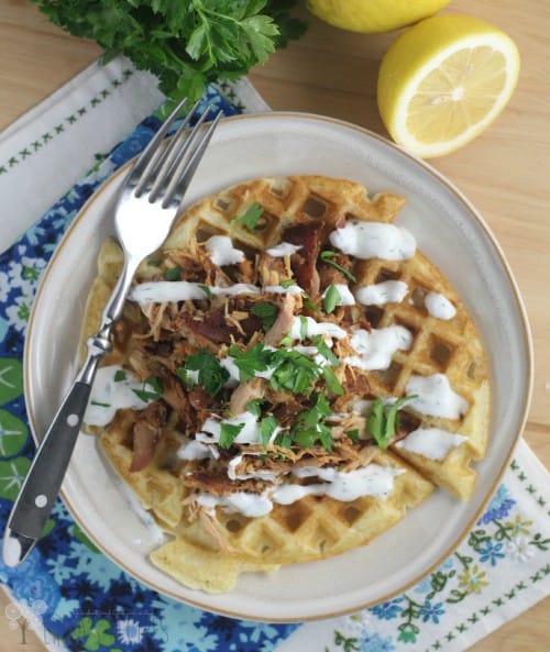 Honey Sriracha Pulled Chicken and Waffles with Buttermilk Ranch Dressing