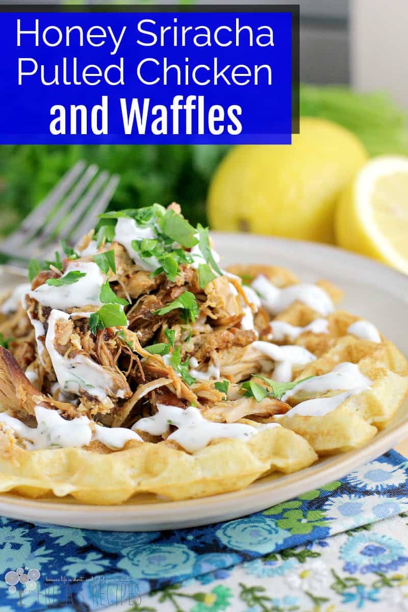 Honey Sriracha Pulled Chicken and Waffles with Buttermilk Ranch Dressing #recipe #slowcooker #chicken