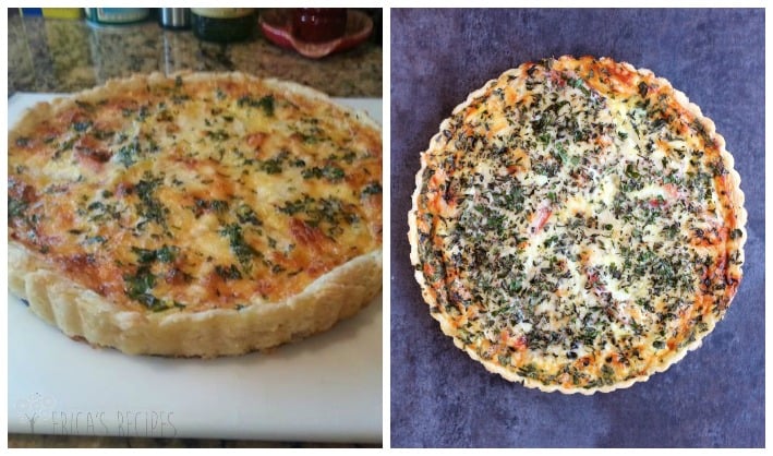 split photo. on the left is an old phone photo of a tomato tart looking wrecked. on the right is a stylized pretty version of the same recipe