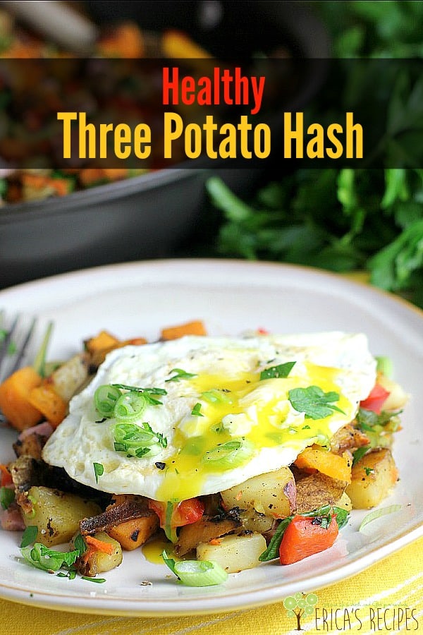 Pretty veggie colors paired with tender, leftover ham and a sunny egg a fabulous and healthy Healthy Three Potato Hash to start your day. #food #breakfast #recipe #leftoverham #potato #hash #eggs #healthyrecipe